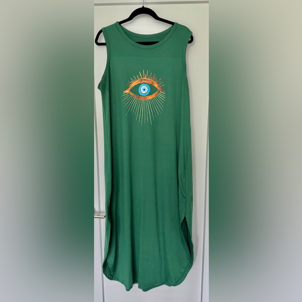 Green Sleeveless Dress with Evil Eye Design